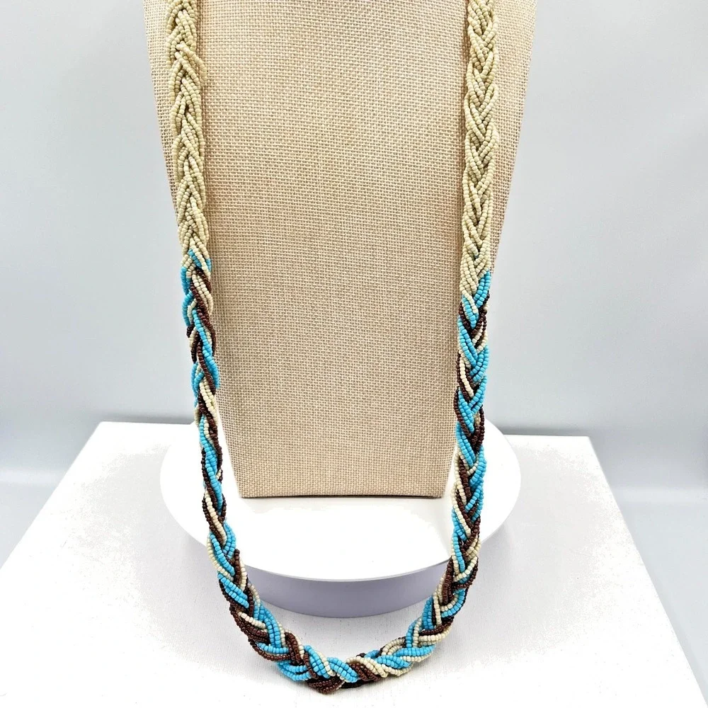 Vintage Multi-Strand Braided Seed Bead Necklace Cream Blue Brown Boho Retro - Picture 1 of 15
